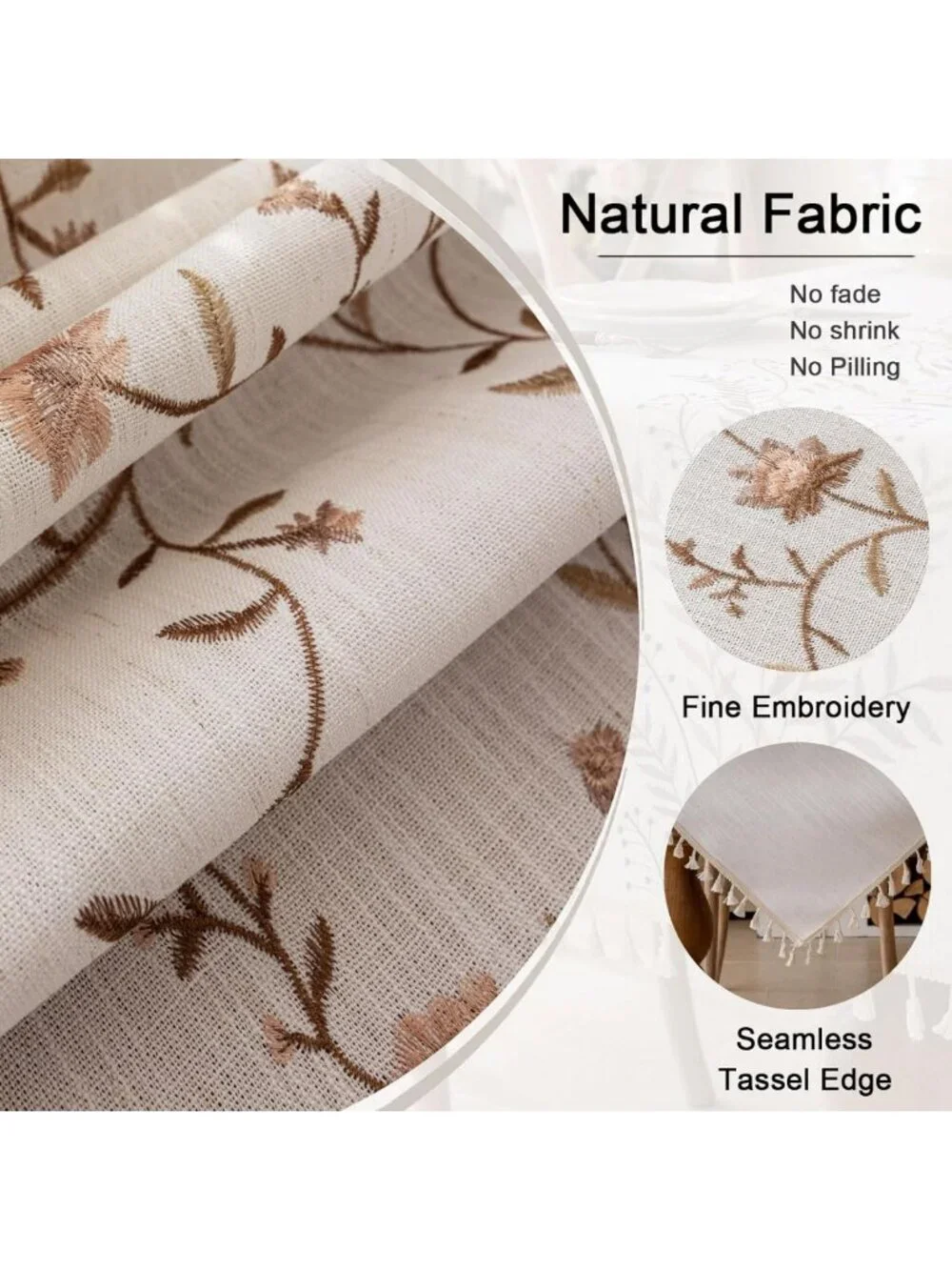 Waterproof Linen Tablecloth with Tassels, Rustic Floral Embroidery, 55